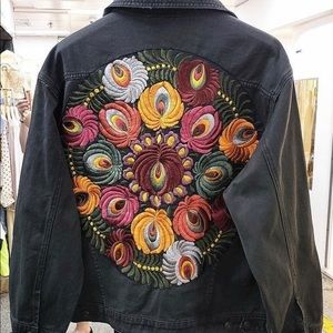 Black Denim Jean Jacket Handmade Embroidered
Bohemian Floral XL Jacket NWT